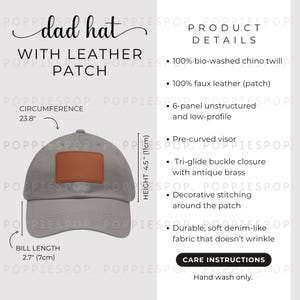 Grey Dad Hat With Brown Leather Patch Size Chart, Dad Cap Size Guide, Baseball Hat Care Card, Printify Dad Hat, Photo Listing, Hat Mockup