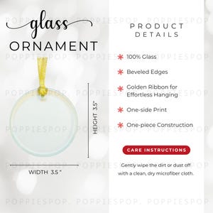 Tabela de tamanhos de enfeites de vidro, guia de tamanhos de enfeites, cartão de cuidados com enfeites, enfeite de vidro Printify, enfeite PNG, mockup de enfeite de Natal