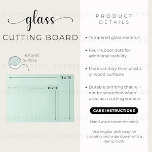 Tableau des tailles pour planches à découper en verre, Carte d'entretien pour planches à découper en verre, Instructions d'entretien, Tableau des tailles à imprimer, Maquette de planche à découper