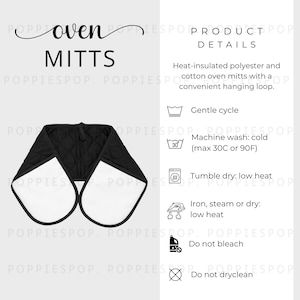 May include: Black oven mitts with a quilted design and a hanging loop. The care instructions include gentle cycle, machine wash cold (max 30C or 90F), tumble dry low heat, iron steam or dry low heat, do not bleach, and do not dry clean.