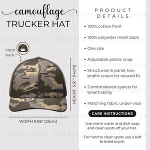 Camouflage Trucker Hat Size Chart, Embroidered Hat Size Guide, Camo Hat Care Card, Printify Camo Trucker Hat, Trucker Hat Mockup, Hat Mockup
