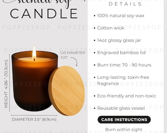 14oz Burnt Amber Scented Soy Candle Size Chart, Glass Jar Candle Size Guide, Scented Soy Candle Care Card, Printify Scented Soy Candle, PNG