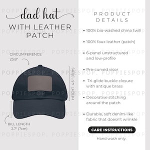 Navy Dad Hat With Grey Leather Patch Size Chart, Dad Cap Size Guide, Baseball Hat Care Card, Printify Dad Hat, Photo Listing, Hat Mockup