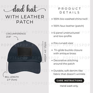 Navy Dad Hat With Black Leather Patch Size Chart, Dad Cap Size Guide, Baseball Hat Care Card, Printify Dad Hat, Photo Listing, Hat Mockup