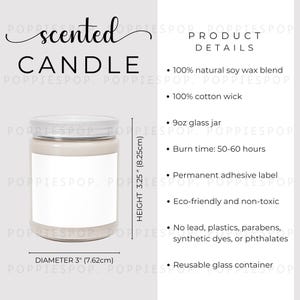 Tabela de tamanhos de velas perfumadas de 9 onças, guia de tamanhos de velas de vidro, tabela de tamanhos de potes de velas brancas, vela perfumada Printify, maquete de vela perfumada