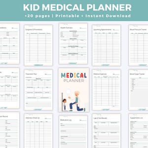 May include: Printable medical planner for children with 20 pages. The planner includes sections for medical conditions, surgeries, health overview, upcoming appointments, blood pressure tracker, doctor visits, treatment plan, medical expenses, blood sugar tracker, immunisation record, wellness check-up, medication log, lab and test results, and supplements list.