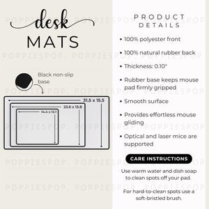 Tabela de tamanhos de tapetes de mesa, guia de tamanhos de mousepads, cartão de cuidados com tapetes de mesa de escritório, tapete de mesa Printify, cartão de cuidados com tapetes de mesa para jogos, modelo de mousepad
