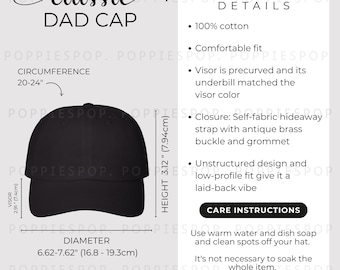Black Classic Dad Cap Size Chart, Dad Cap Size Guide, Baseball Hat Care Card, Printify Classic Dad Cap, Dad Hat Mockup, Beach Cap Size Chart