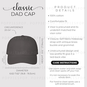 Tableau des tailles de casquette pour papa classique gris foncé, Guide des tailles de casquette pour papa, Carte d'entretien pour casquette de baseball, Casquette pour papa à imprimés, Maquette de chapeau pour papa, Tableau des tailles de casquette de plage