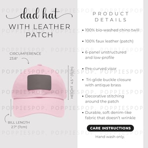 Pink Dad Hat With Grey Leather Patch Size Chart, Dad Cap Size Guide, Baseball Hat Care Card, Printify Dad Hat, Photo Listing, Hat Mockup