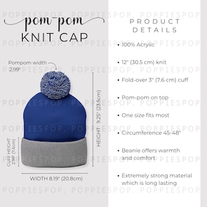 Tabella delle taglie per berretto in maglia con risvolto Royal Pom-Pom grigio scuro, Guida alle taglie per berretto in maglia, Berretto in maglia Printify, Elenco foto, Guida alle taglie per cappelli invernali