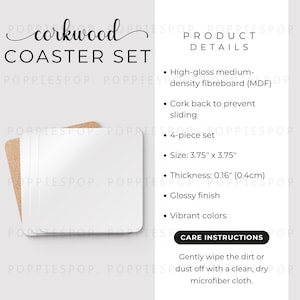 Onderhoudskaart corkwood onderzetterset, onderhoudskaart vierkante onderzetter, onderhoudsinstructie kurken onderzetter, wit corkwood set Coaster Mockup, Printify Coaster