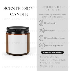 Cartão de cuidados com velas, maquete de vela perfumada de soja, maquete de pote de vidro para vela, instruções para velas, vela Printify, instruções para cuidados com velas em pote âmbar