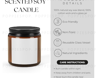 Candle Care Card, Scented Soy Candle Mockup, Glass Candle Jar Mockup, Candle Instruction, Printify Candle, Amber Jar Candle Care Instruction