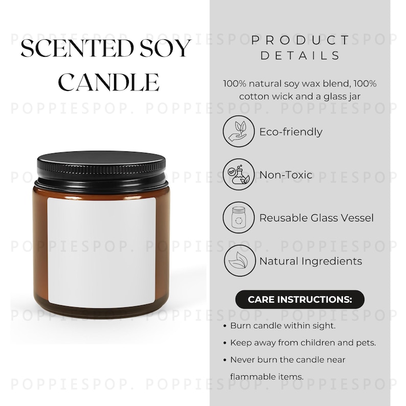 Candle Care Card, Scented Soy Candle Mockup, Glass Candle Jar Mockup, Candle Instruction, Printify Candle, Amber Jar Candle Care Instruction image 1