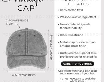 Charcoal Grey Vintage Cap Size Chart, Vintage Hat Size Guide, Embroidered Cap Care Card, Printify Vintage Cap, Baseball Cap, Hat Mockup