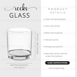 Tabela de tamanhos de copos de uísque, mockup de copos de uísque, cartão de cuidados com copos Rocks, Printify Whiskey Glass, tabela de tamanhos de copos de bar, mockup de copos de licor