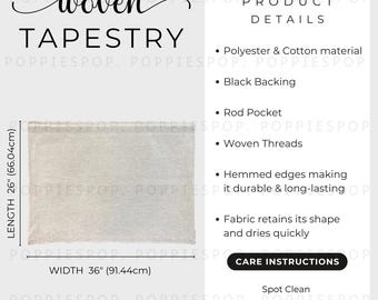 Woven Tapestry Size Chart, Woven Wall Hanging Size Chart Care, Woven Tapestries Care Card, Woven Tapestry Mockup, Printify Woven Tapestry
