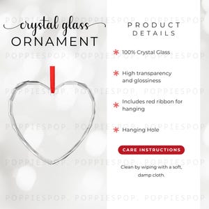 Mockup de enfeite de cristal em forma de coração, cartão de enfeite de vidro, instruções de cuidados com enfeites de cristal, enfeite Printify, mockup de enfeite de Natal