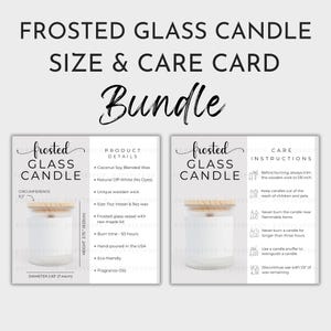 Pacote com tabela de tamanhos de velas de vidro fosco, instruções de cuidados com velas de vidro, guia de tamanhos de velas brancas, velas de vidro Printify, cartão de cuidados com velas