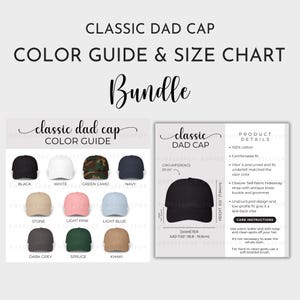 Classic Dad Cap Size Chart & Color Guide, Black Dad Cap Size Guide, Baseball Hat Care Card, Printify Classic Dad Cap, Classic Dad Hat Mockup