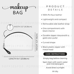 Tabela de tamanhos de bolsa de maquiagem, guia de tamanhos de bolsa de maquiagem, tabela de tamanhos de bolsa de cosméticos, bolsa de maquiagem Printify, cartão de cuidados com a bolsa branca com zíper