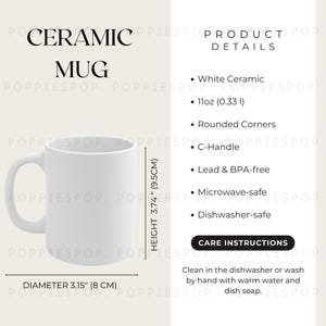 Tabella delle dimensioni delle tazze in ceramica da 11 once, modello di tazza in ceramica, scheda di cura della tazza bianca, tazza Printify, istruzioni per la cura della tazza, istruzioni per il lavaggio della tazza da caffè