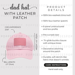 Pink Dad Hat With Pink Leather Patch Size Chart, Dad Cap Size Guide, Baseball Hat Care Card, Printify Dad Hat, Photo Listing, Hat Mockup