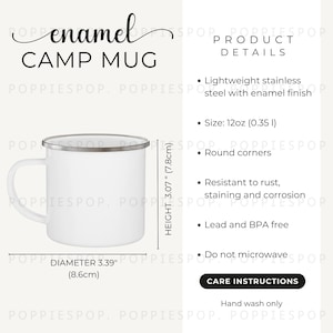 Tabla de tallas de tazas de campamento esmaltadas, tarjeta de cuidado de tazas para fogatas, maqueta de taza de campamento esmaltada, taza de campamento Printify, instrucciones de cuidado de tazas, maqueta de taza de café