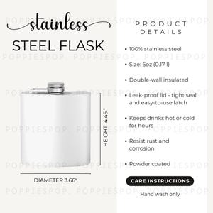 May include: A stainless steel flask with a silver lid. The white flask is 11.3 cm high and 9.3 cm in diameter. Features include double-wall insulation and a leak-proof design. The text on the image says 'Steel Flask'.