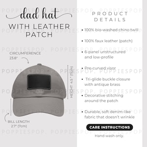 Grey Dad Hat With Black Leather Patch Size Chart, Dad Cap Size Guide, Baseball Hat Care Card, Printify Dad Hat, Photo Listing, Hat Mockup