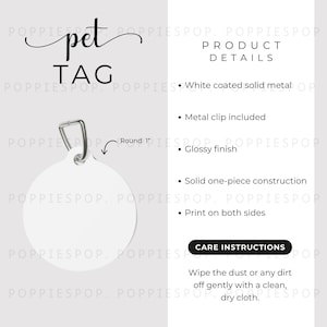 Può includere: Un'etichetta rotonda bianca per animali domestici con clip in metallo, con il testo "pet TAG". I dettagli del prodotto includono metallo solido rivestito bianco, clip in metallo, finitura lucida, costruzione monoblocco e stampa su entrambi i lati. L'etichetta misura circa 2,5 cm di diametro.