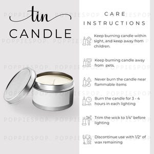 Cartão de cuidados com velas de lata, instruções de uso de velas de lata prateadas, instruções para velas, cartão de cuidados com velas brancas, vela Printify, maquete de velas de lata