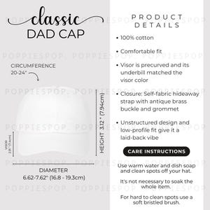 Größentabelle für weiße klassische Dad-Caps, Dad-Cap-Größentabelle, Baseball-Hut-Pflegekarte, Printstifte Dad-Cap, Dad-Hut-Mockup, Beach-Cap-Größentabelle