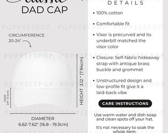 White Classic Dad Cap Size Chart, Dad Cap Size Guide, Baseball Hat Care Card, Printify Dad Cap, Dad Hat Mockup, Beach Cap Size Chart