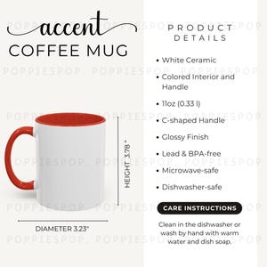 Maqueta de taza de café de 325 ml con detalles en rojo, tabla de tallas de tazas de cerámica, tarjeta de cuidado de la taza, maqueta de taza, taza Printify, instrucciones de cuidado de la taza, maqueta de taza de café