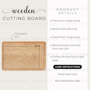 Puede incluir: Tabla de cortar de madera de arce de primera calidad. La tabla tiene un borde con ranura y mide 22,86 x 15,24 cm con un grosor de 0,94 cm. Perfecta para servir o preparar ligeramente. El texto "wooden CUTTING BOARD" está en la parte superior.