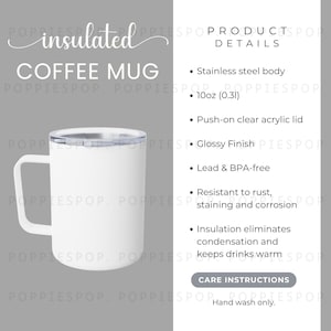 Puede incluir: Taza de café blanca aislada con asa y tapa transparente. La taza tiene un cuerpo de acero inoxidable y un acabado brillante. Contiene 0,31L y no contiene plomo ni BPA. El texto "insulated COFFEE MUG" se muestra.