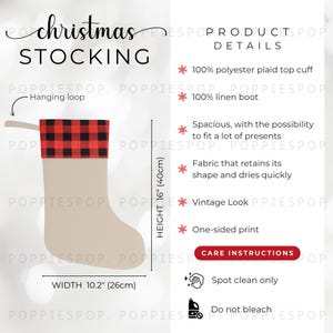 May include: A beige Christmas stocking with a red and black plaid cuff. The stocking is 16 inches (40cm) tall and 10.2 inches (26cm) wide. The text "christmas STOCKING" is at the top.