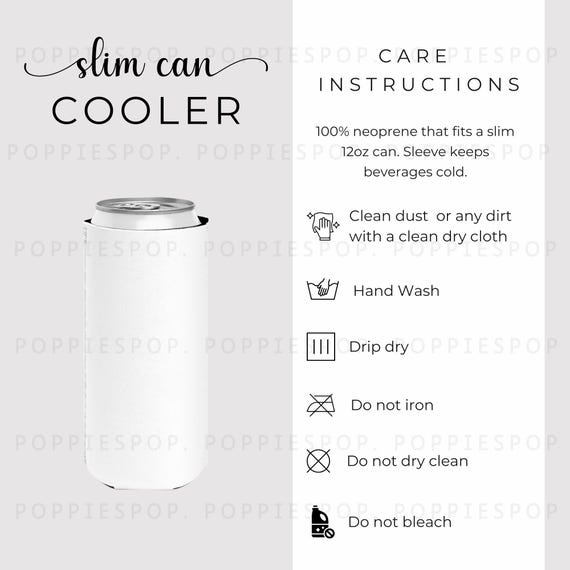 12oz Slim Can Cooler Sleeve Care Card, Can Holder Care Card, Beverage Sleeve Care Instructions, Printify Can Cooler Sleeve, Beer Coozie Card