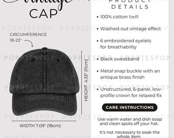 Black Vintage Cap Size Chart, Vintage Hat Size Guide, Embroidered Cap Care Card, Printify Vintage Cap, Baseball Cap Mockup, Hat Mockup