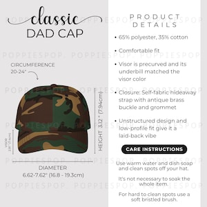 Grüne Camo Classic Dad Cap Größentabelle, Dad Cap Größentabelle, Baseball-Hut Pflege Karte, Printstifte Dad Cap, Dad Hut Mockup, Beach Cap Größentabelle