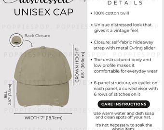 Tabela rozmiarów czapek unisex w kolorze jasnooliwkowym, przewodnik po rozmiarach czapek dla taty, karta do pielęgnacji czapek baseballowych, czapka dla taty Printify, makieta czapki dla taty, tabela rozmiarów czapek