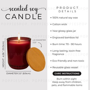 Pode incluir: Uma vela de soja perfumada vermelha acesa em um frasco de vidro brilhante com tampa de bambu. A vela tem 10,3 cm de altura e 8,9 cm de diâmetro. O diâmetro da tampa é de 8,25 cm. O texto na imagem diz "scented soy candle".