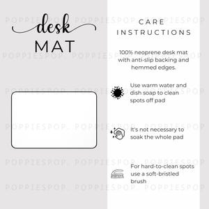 Cartão de cuidados com o tapete de mesa, instruções de cuidados com o mousepad, modelo de tapete de mesa, cartão de cuidados com o tapete de mesa de escritório, tapete de mesa Printify, cartão de cuidados com o tapete de teclado