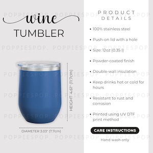 Maattabel koningsblauwe wijnbeker, onderhoudskaart wijnbeker, 12 oz maattabel wijnbeker, onderhoudsinstructies beker, Printify wijnbeker