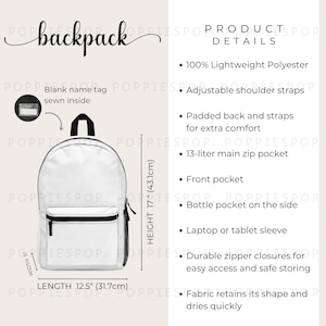 Backpack Size Chart, School Backpack Product Listing Card, Backpack Size Guide, Backpack Mockup, Printify Backpack, School Bag Size Chart