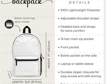 Rucksack-Größentabelle, Schulrucksack-Produktliste, Rucksack-Größentabelle, Rucksack-Mockup, Printstifte-Rucksack, Schultaschen-Größentabelle