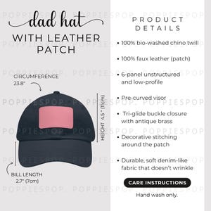 Navy Dad Hat With Pink Leather Patch Size Chart, Dad Cap Size Guide, Baseball Hat Care Card, Printify Dad Hat, Photo Listing, Hat Mockup
