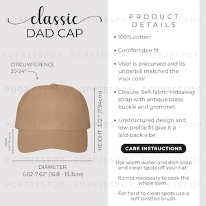 Tableau des tailles kaki, Guide des tailles de casquette pour papa, Carte d'entretien pour casquette de baseball, Impression de casquette pour papa classique, Maquette de chapeau pour papa, Tableau des tailles de casquette de plage